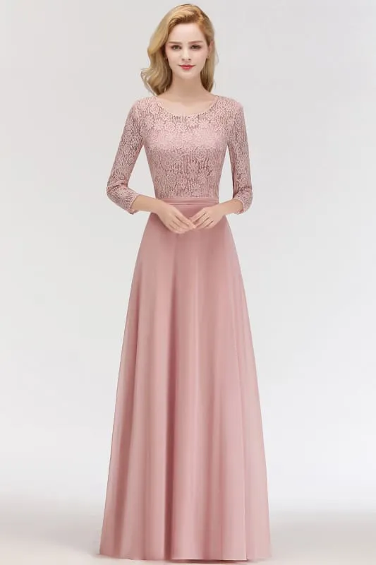 3/4 Sleeves Floral Lace Chiffon A-line Bridesmaid Dress Dusty Rose