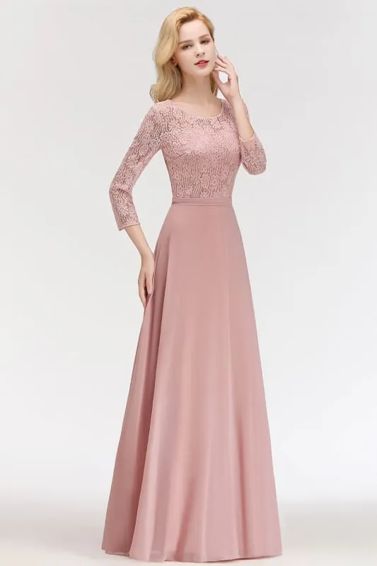3/4 Sleeves Floral Lace Chiffon A-line Bridesmaid Dress Dusty Rose
