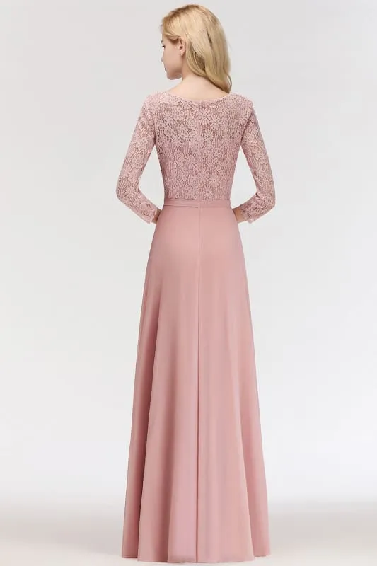 3/4 Sleeves Floral Lace Chiffon A-line Bridesmaid Dress Dusty Rose