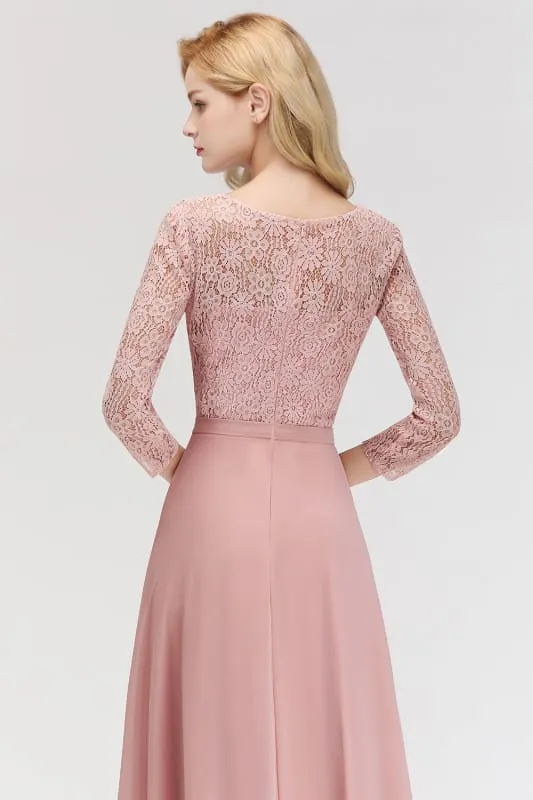 3/4 Sleeves Floral Lace Chiffon A-line Bridesmaid Dress Dusty Rose