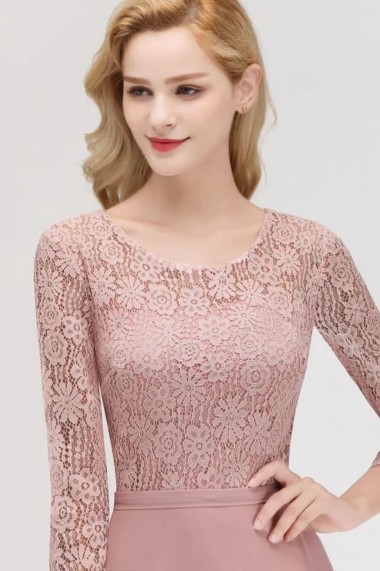 3/4 Sleeves Floral Lace Chiffon A-line Bridesmaid Dress Dusty Rose
