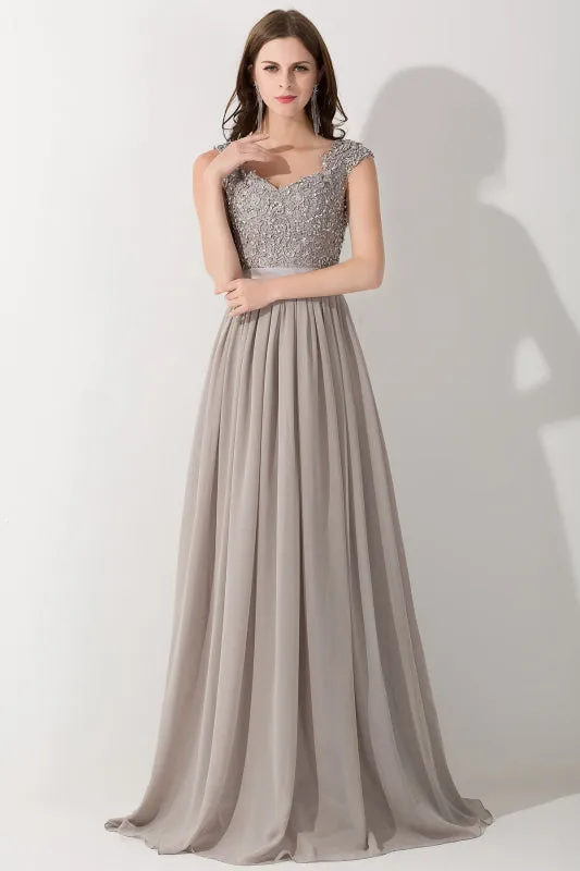 A-line Chiffon Formal Dress Silver Lace Appliques Evening Dress