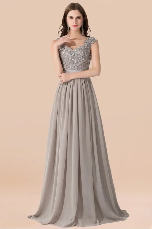 A-line Chiffon Formal Dress Silver Lace Appliques Evening Dress
