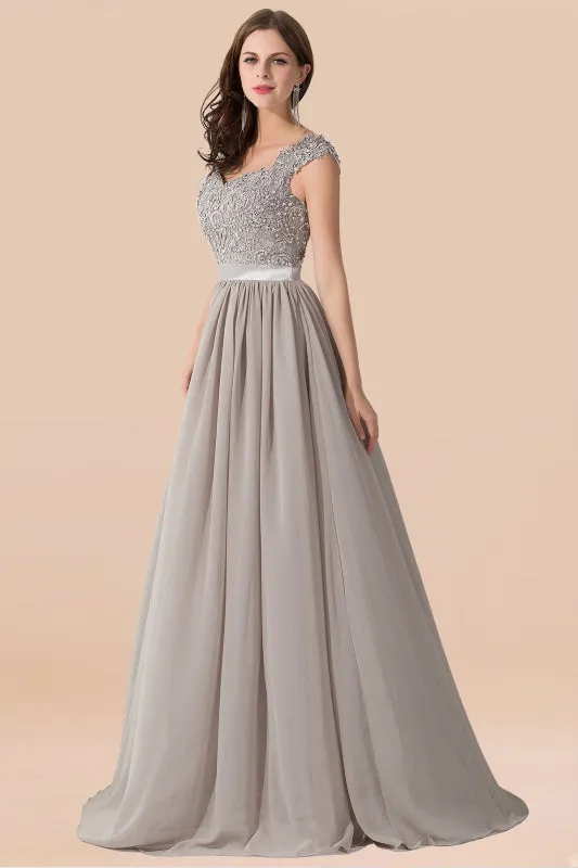 A-line Chiffon Formal Dress Silver Lace Appliques Evening Dress