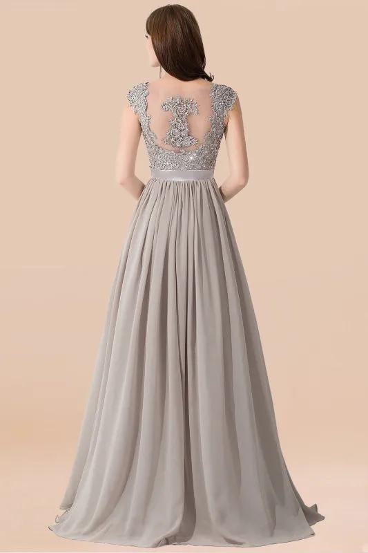 A-line Chiffon Formal Dress Silver Lace Appliques Evening Dress