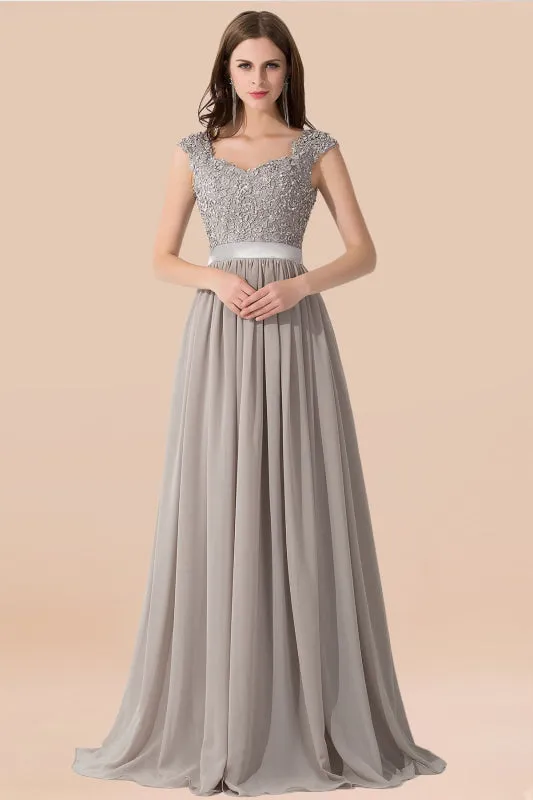 A-line Chiffon Formal Dress Silver Lace Appliques Evening Dress