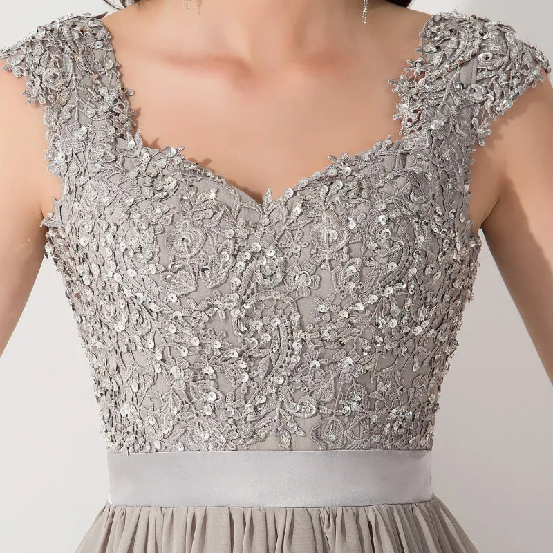 A-line Chiffon Formal Dress Silver Lace Appliques Evening Dress
