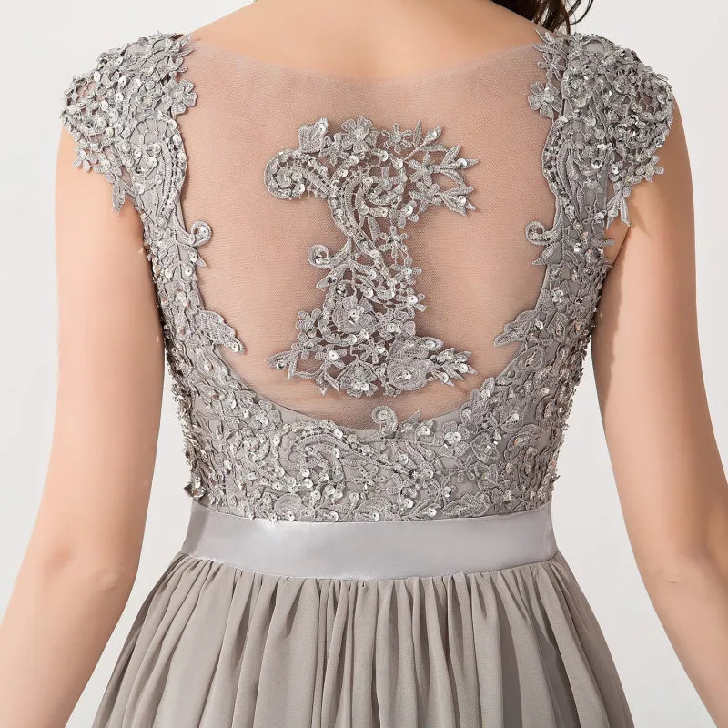 A-line Chiffon Formal Dress Silver Lace Appliques Evening Dress