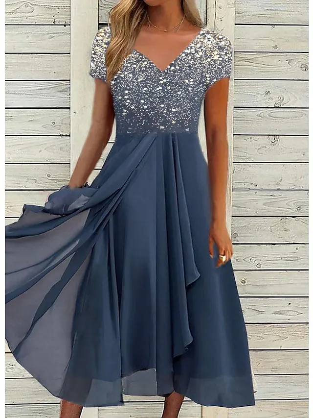 A Line Dress Chiffon Dress Midi Dress Navy Blue Short Sleeve Color Gradient Patchwork Spring Summer V Neck Stylish Elegant Party  S M L XL XXL 3XL / Party Dress for Women