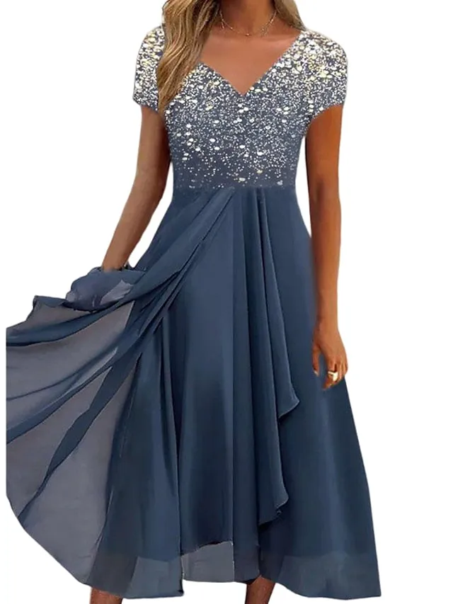 A Line Dress Chiffon Dress Midi Dress Navy Blue Short Sleeve Color Gradient Patchwork Spring Summer V Neck Stylish Elegant Party  S M L XL XXL 3XL / Party Dress for Women