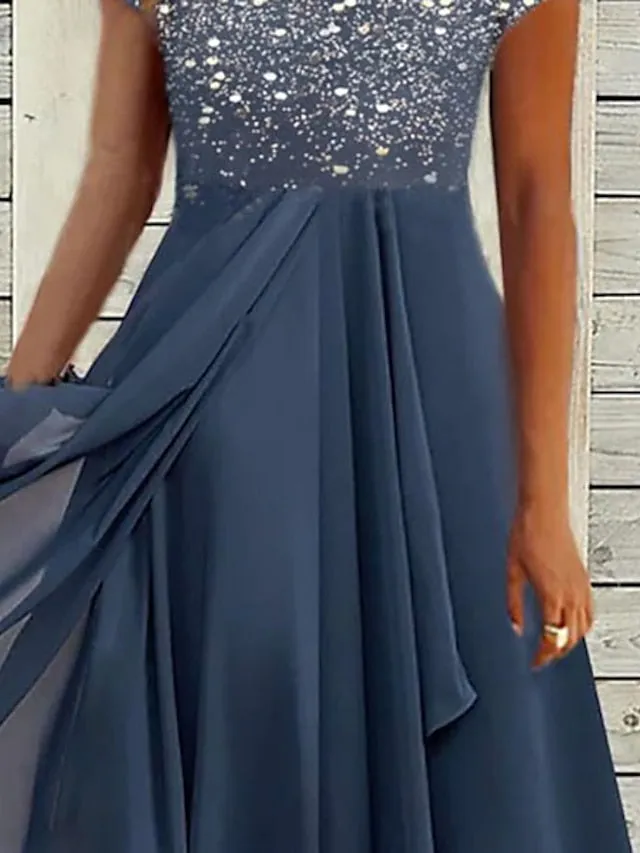 A Line Dress Chiffon Dress Midi Dress Navy Blue Short Sleeve Color Gradient Patchwork Spring Summer V Neck Stylish Elegant Party  S M L XL XXL 3XL / Party Dress for Women