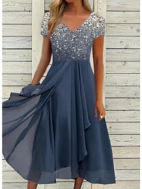 A Line Dress Chiffon Dress Midi Dress Navy Blue Short Sleeve Color Gradient Patchwork Spring Summer V Neck Stylish Elegant Party  S M L XL XXL 3XL / Party Dress for Women