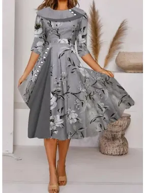 A Line Dress Knee Length Dress Gray Half Sleeve Floral Print Spring Summer Crew Neck Elegant Casual  S M L XL XXL 3XL for Women