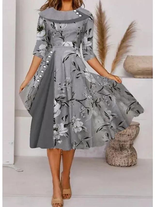 A Line Dress Knee Length Dress Gray Half Sleeve Floral Print Spring Summer Crew Neck Elegant Casual  S M L XL XXL 3XL for Women