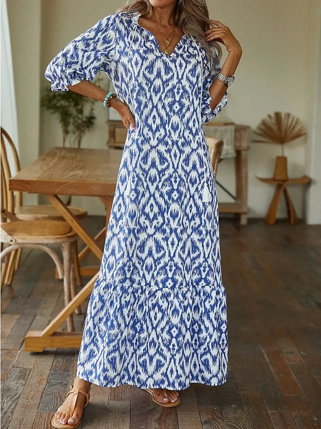 A Line Dress Maxi long Dress Purple Half Sleeve Print Ruched Print Spring Summer V Neck Casual Vacation  3XL for Women