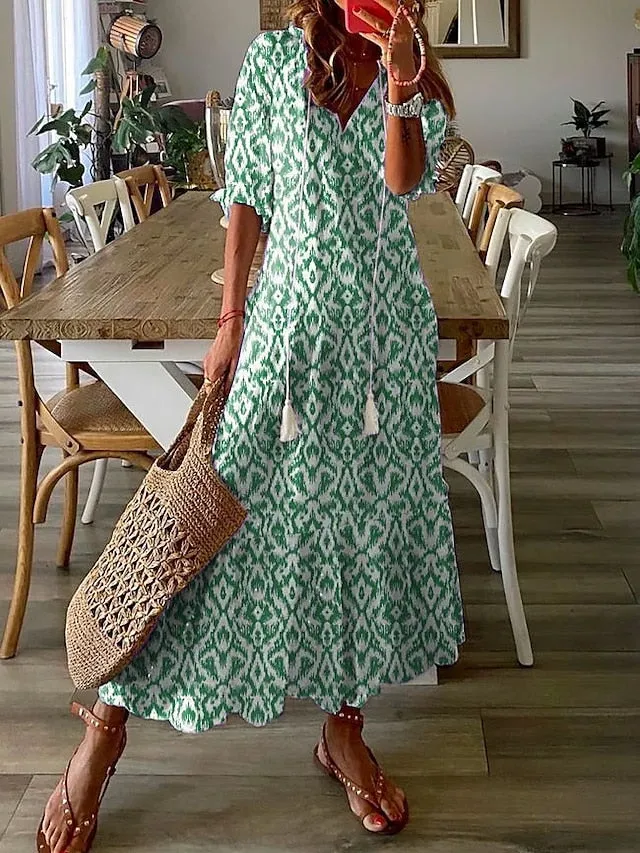 A Line Dress Maxi long Dress Purple Half Sleeve Print Ruched Print Spring Summer V Neck Casual Vacation  3XL for Women