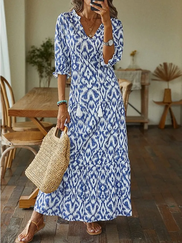 A Line Dress Maxi long Dress Purple Half Sleeve Print Ruched Print Spring Summer V Neck Casual Vacation  3XL for Women