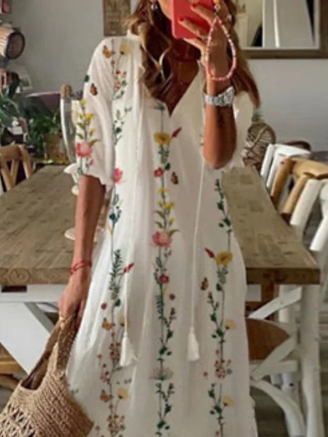 A Line Dress Maxi long Dress White Half Sleeve Floral Print Spring Summer V Neck Fashion Modern  3XL for Women