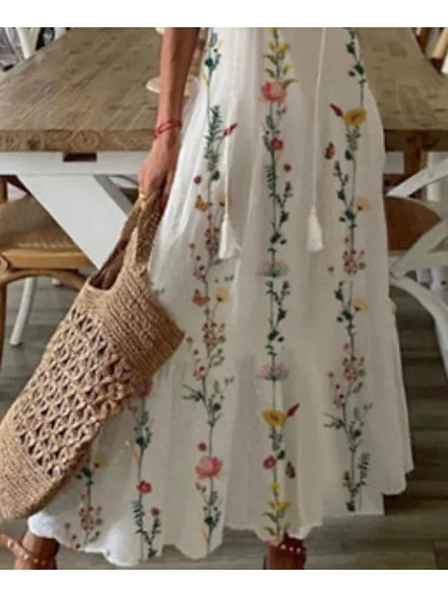A Line Dress Maxi long Dress White Half Sleeve Floral Print Spring Summer V Neck Fashion Modern  3XL for Women