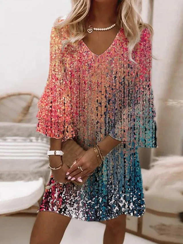 A Line Dress Short Mini Dress Rainbow 3/4 Length Sleeve Print Color Block Ruched Print Spring Summer V Neck Elegant Modern  3XL for Women