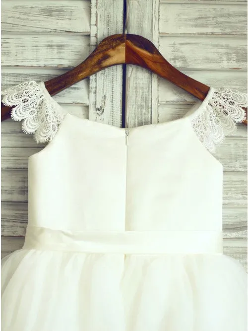 A-Line Round Neck White Flower Girl Dresses with Sash Lace OKP26