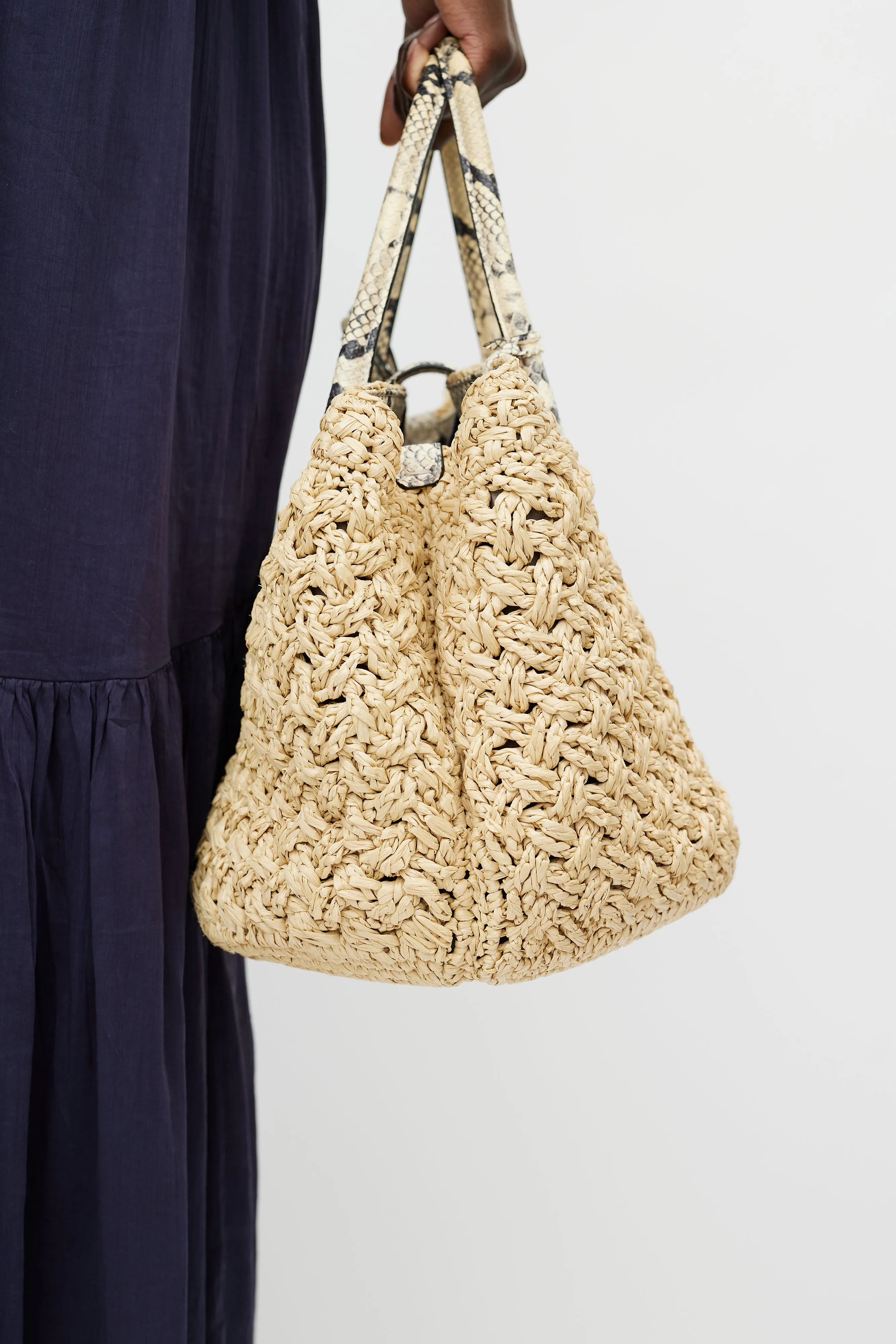 Beige Raffia & Embossed Leather Tote Bag