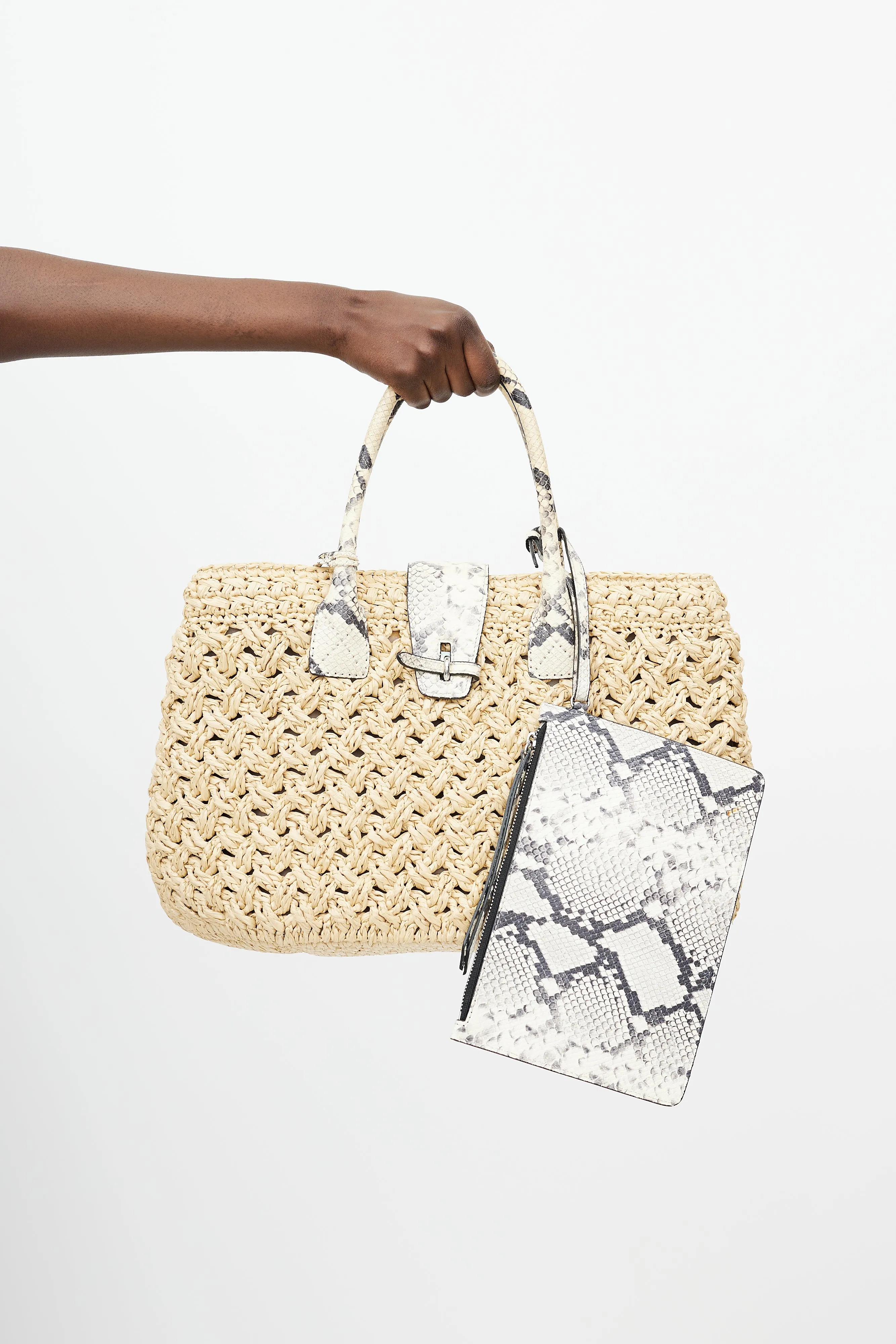 Beige Raffia & Embossed Leather Tote Bag