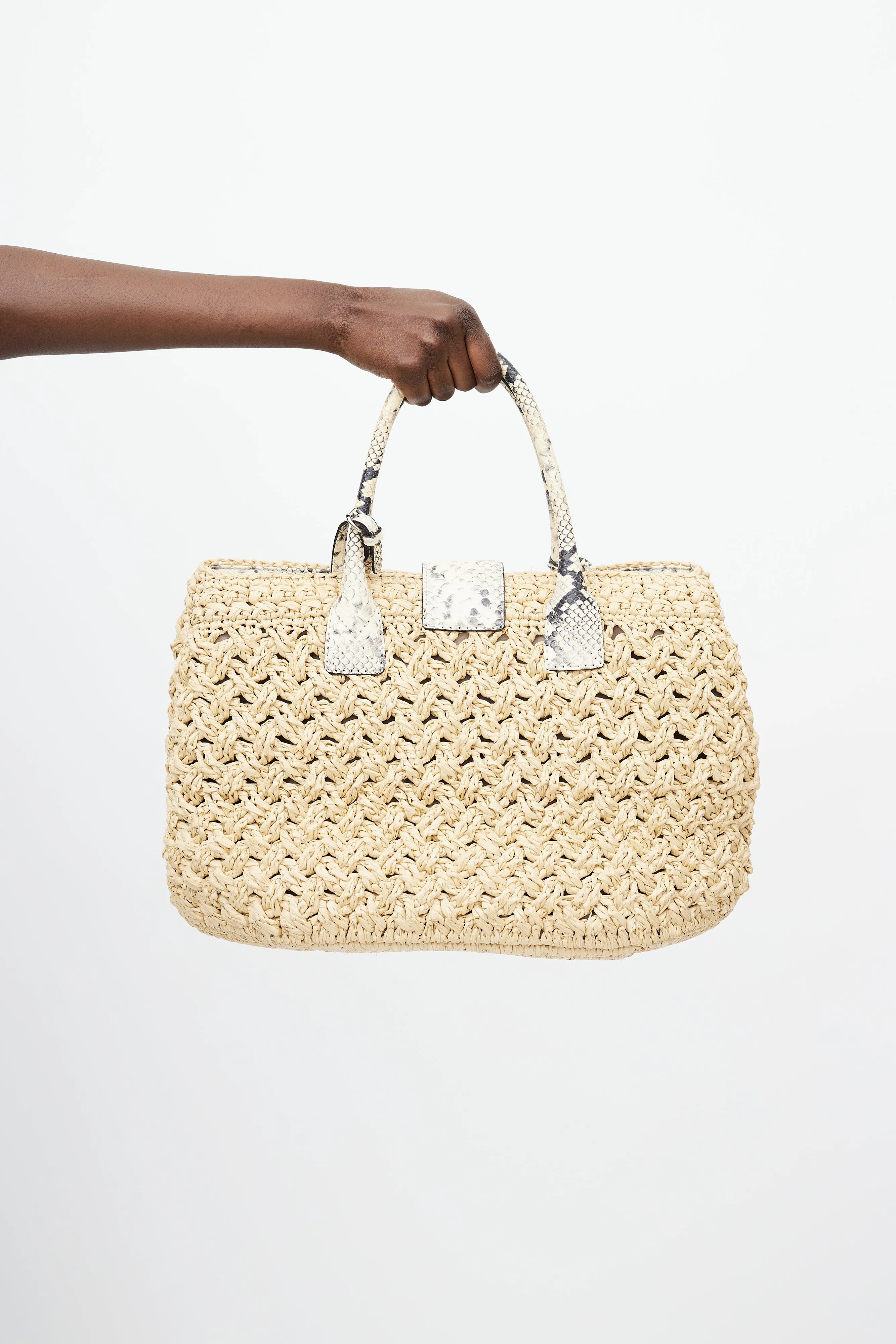 Beige Raffia & Embossed Leather Tote Bag