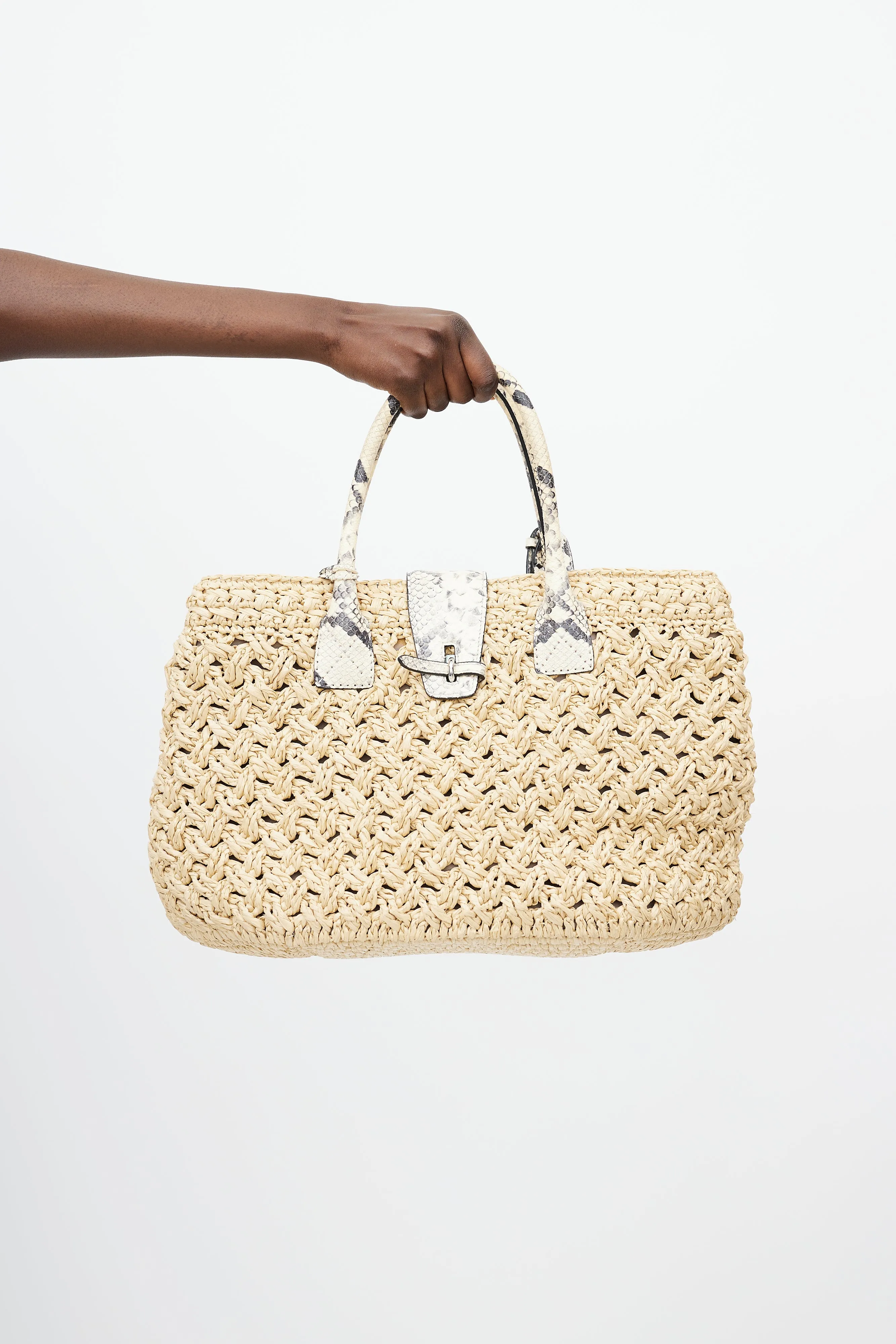 Beige Raffia & Embossed Leather Tote Bag