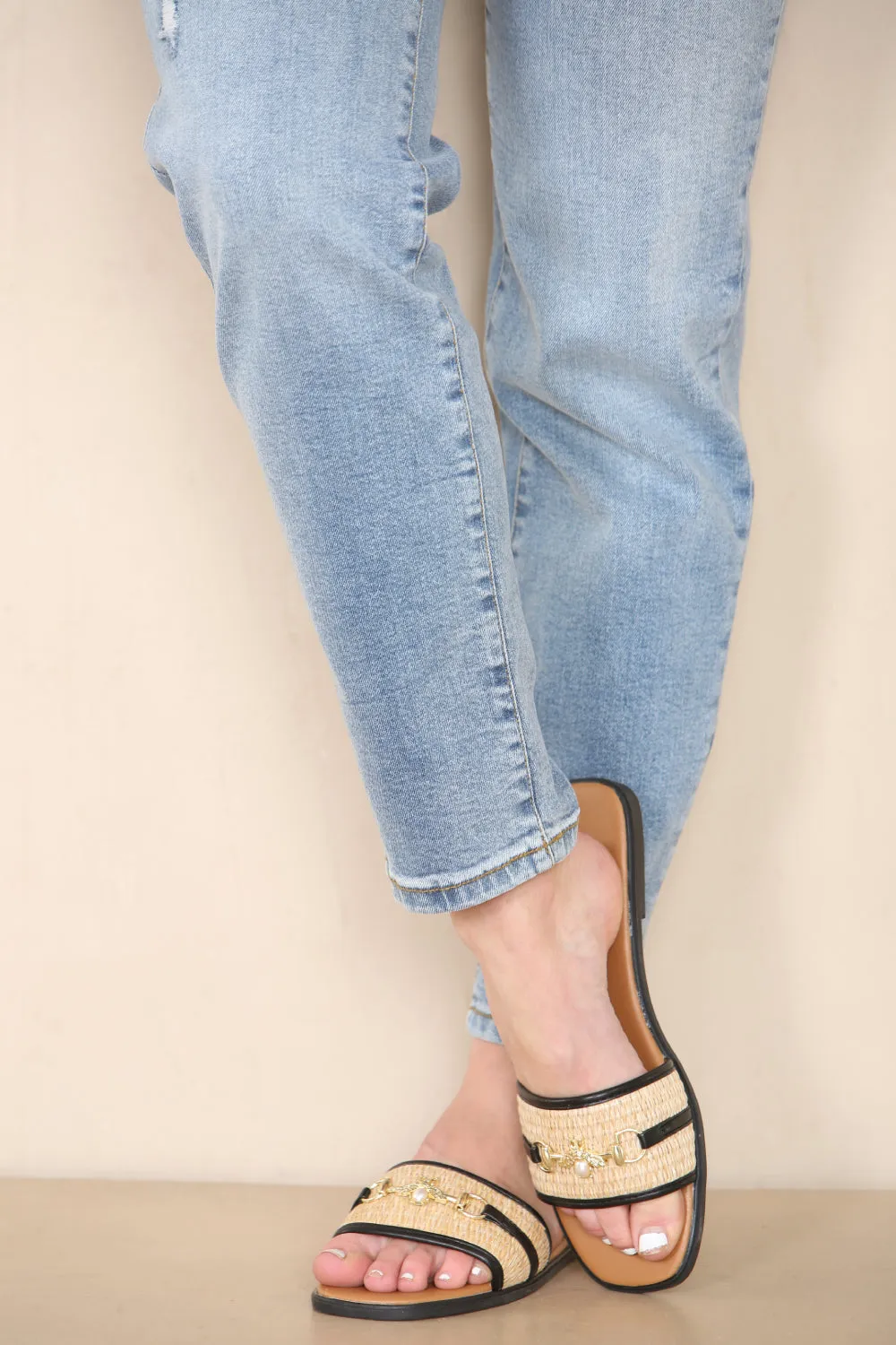 BLACK PU GOLD TRIM DETAIL SLIDER SANDALS
