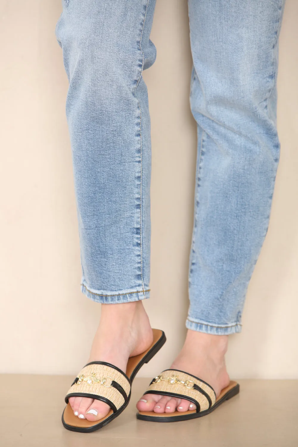 BLACK PU GOLD TRIM DETAIL SLIDER SANDALS