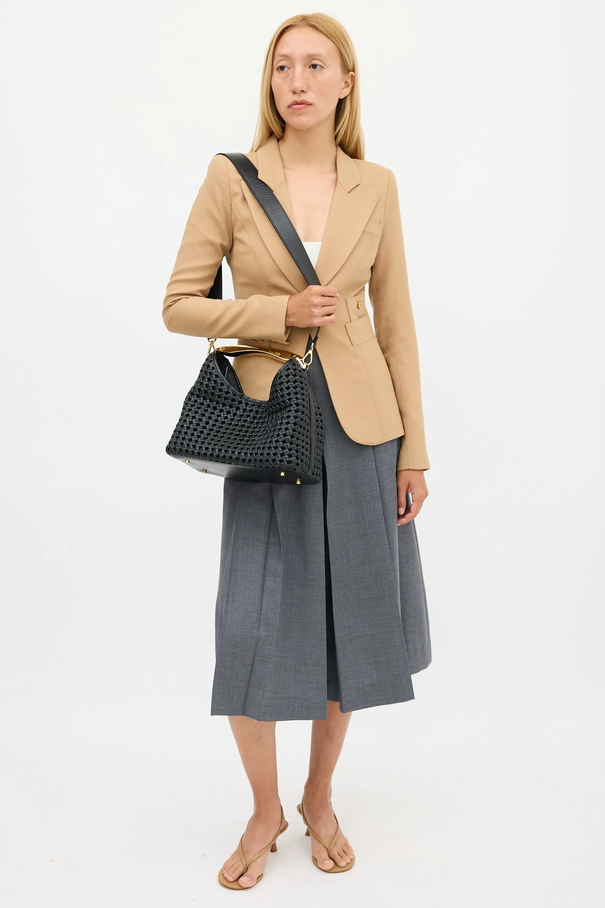 Black Woven Leather Boomerang Bag