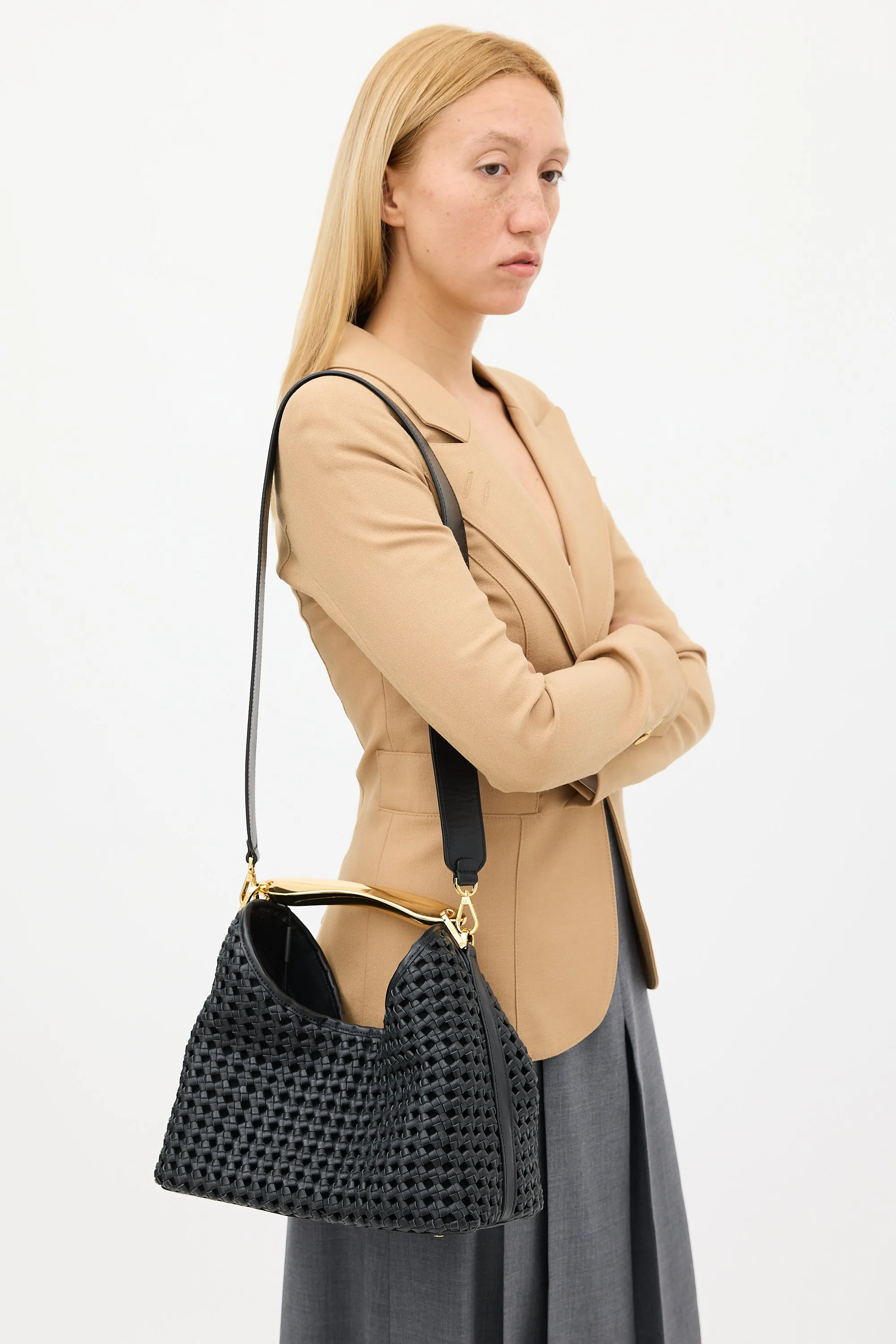 Black Woven Leather Boomerang Bag