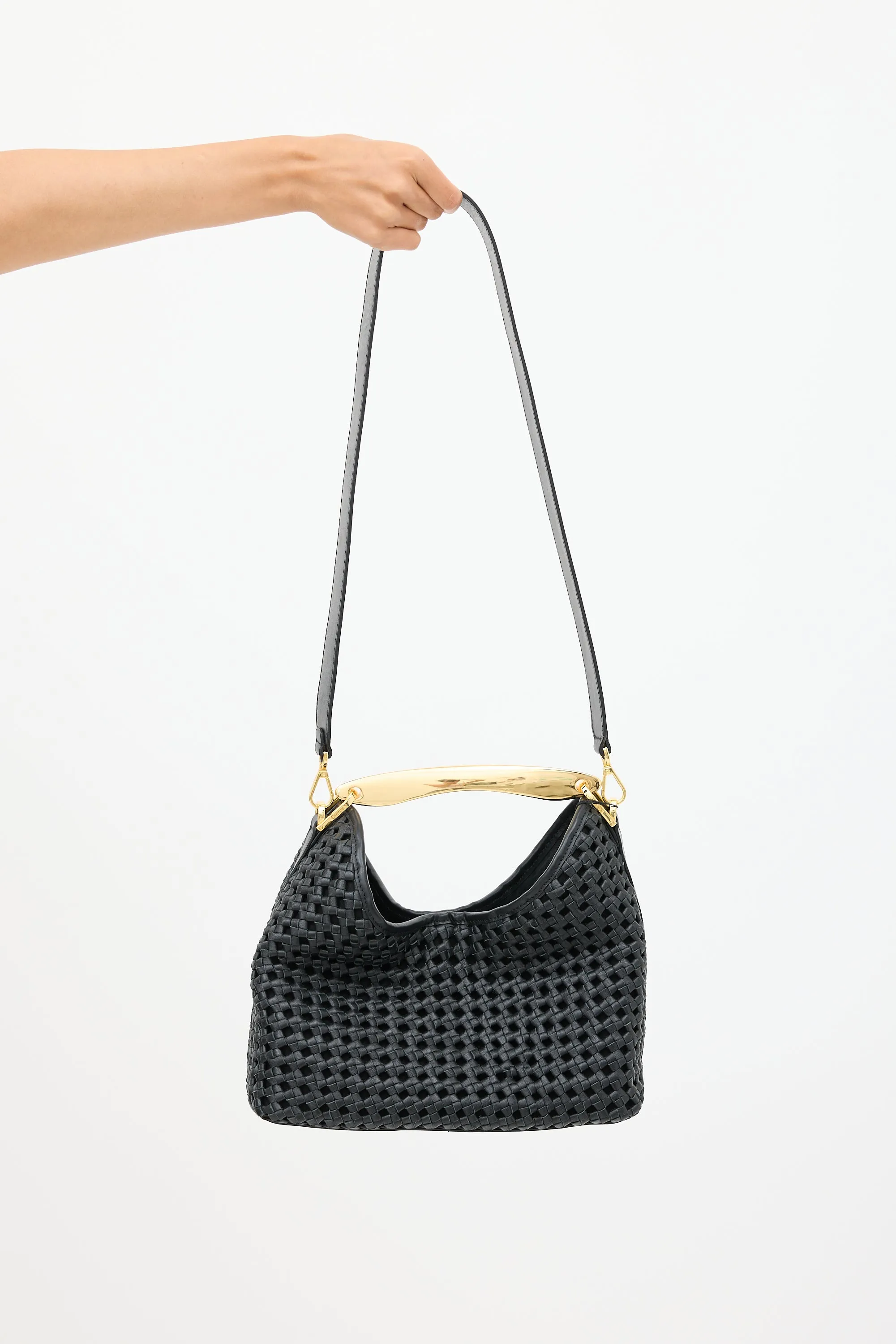 Black Woven Leather Boomerang Bag