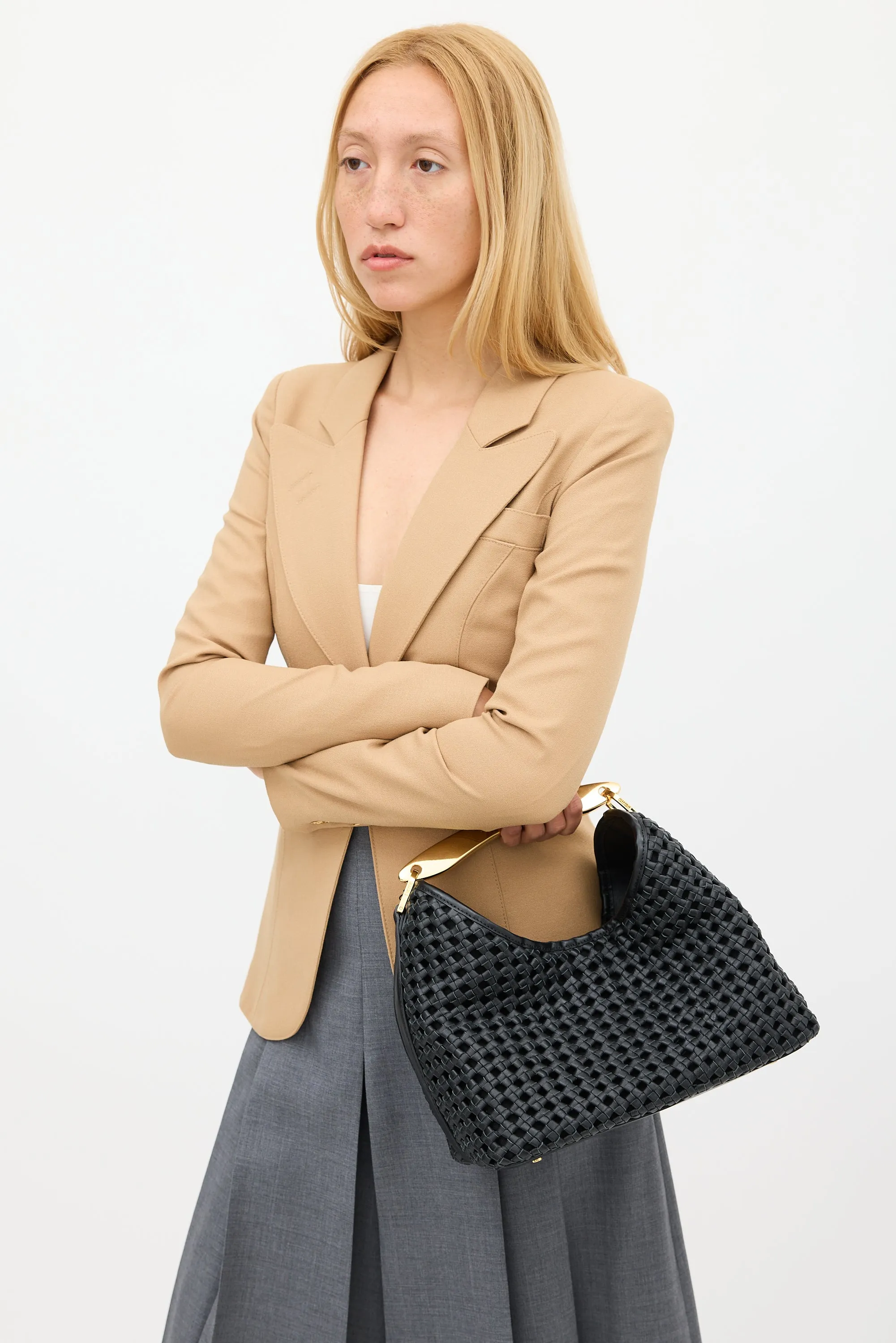 Black Woven Leather Boomerang Bag