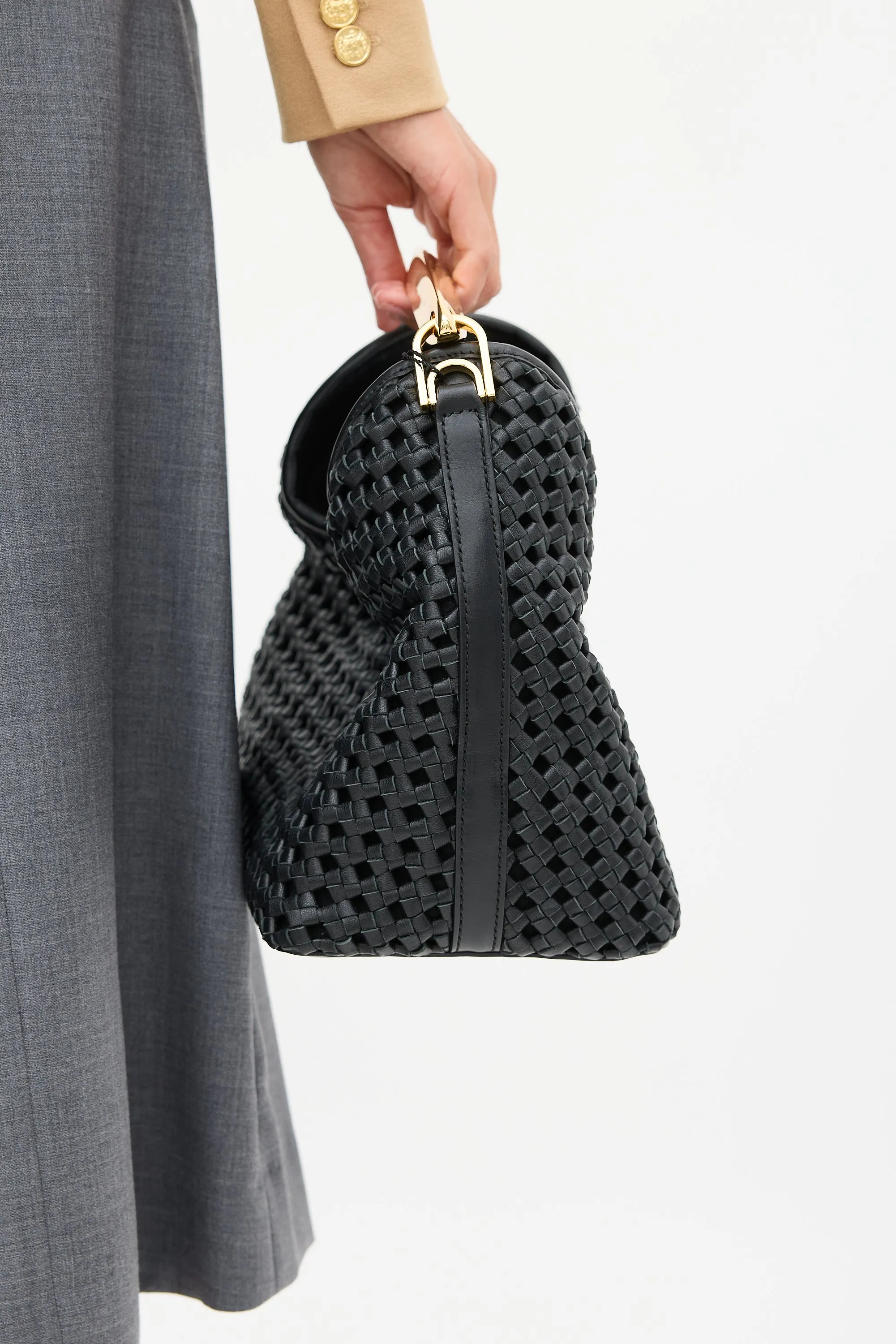 Black Woven Leather Boomerang Bag