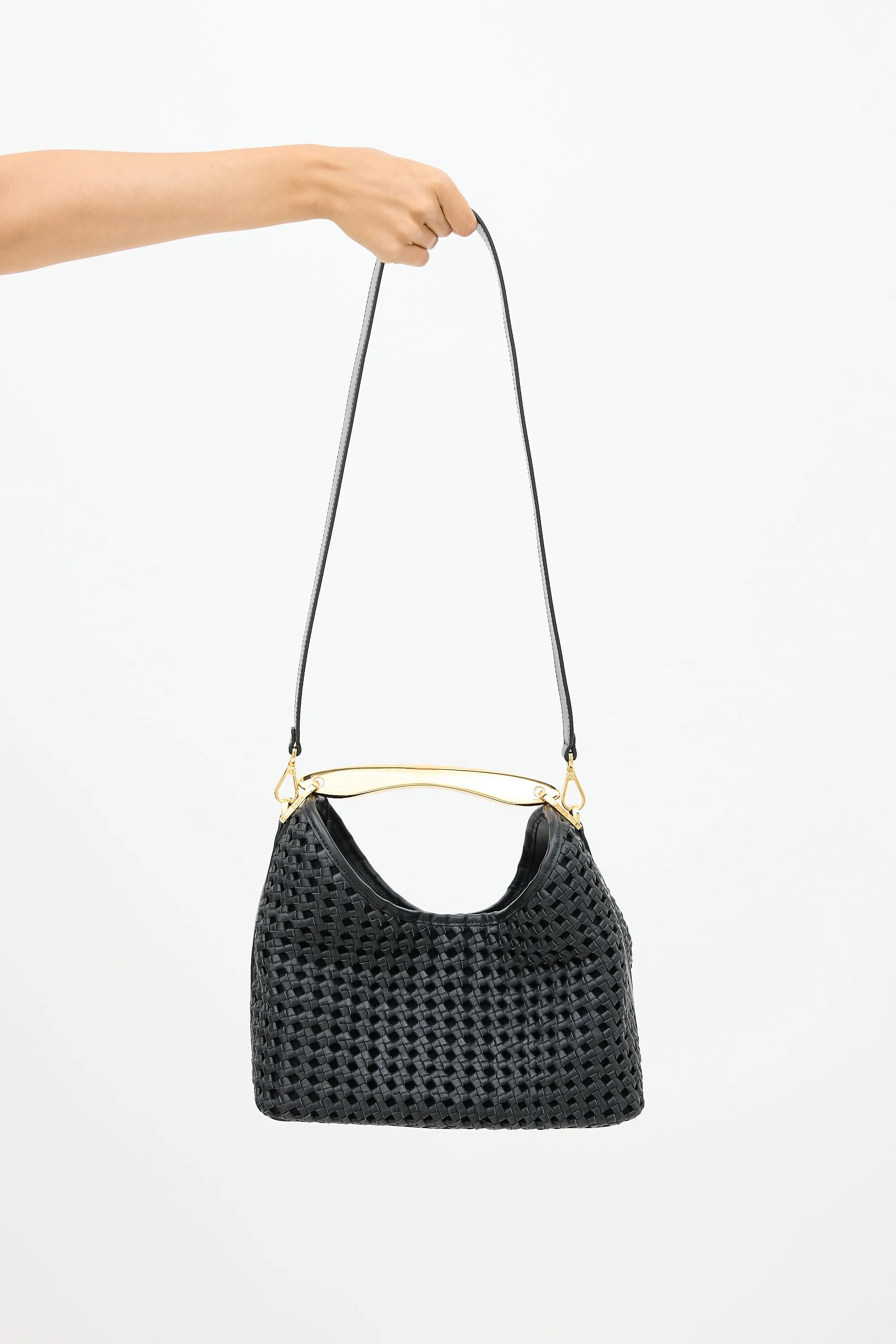 Black Woven Leather Boomerang Bag