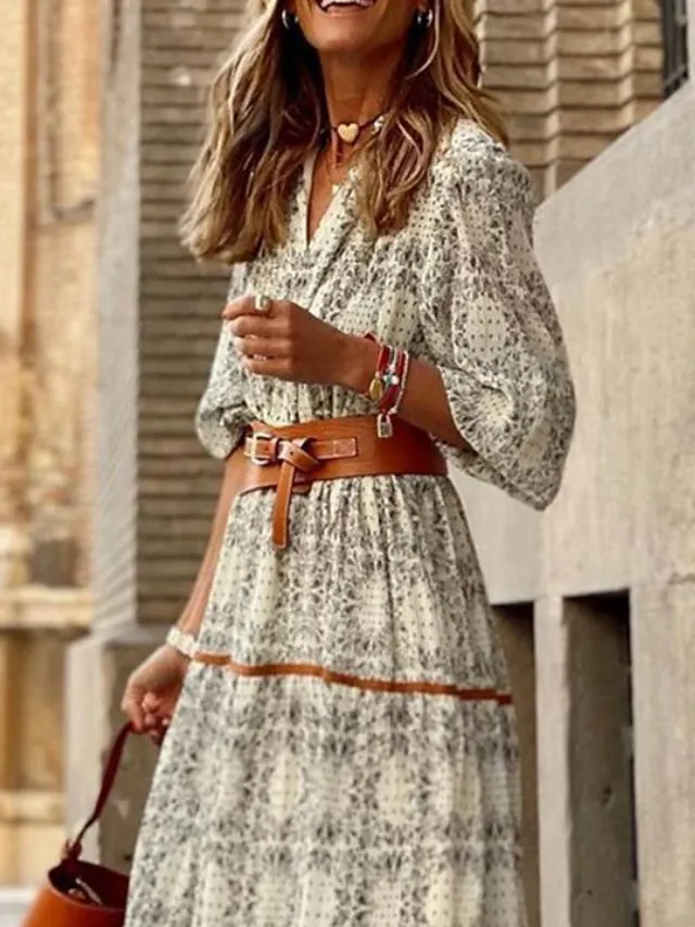 Bohemia Floral V Neck Casual Dress Holiday Dress Swing Dress Long Dress Maxi Dress Khaki Half Sleeve Abstract Ruched Sunmmer Fall Spring Classic Daily Weekend  S M L XL XXL 3XL for Women