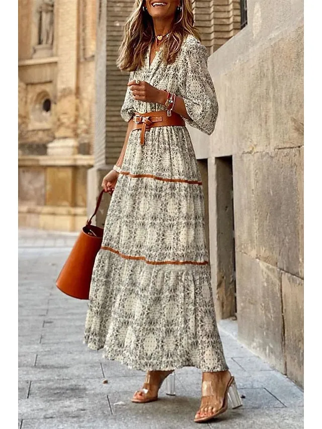 Bohemia Floral V Neck Casual Dress Holiday Dress Swing Dress Long Dress Maxi Dress Khaki Half Sleeve Abstract Ruched Sunmmer Fall Spring Classic Daily Weekend  S M L XL XXL 3XL for Women