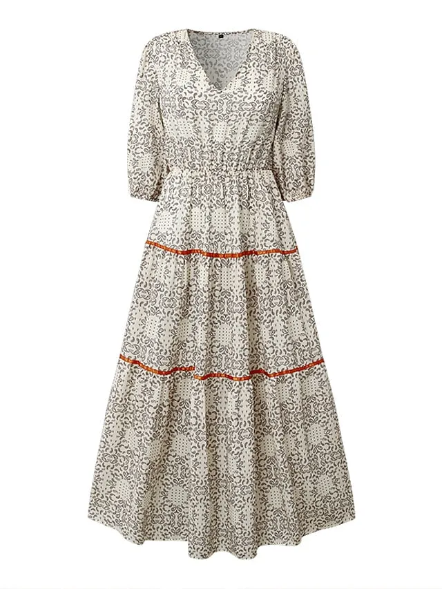 Bohemia Floral V Neck Casual Dress Holiday Dress Swing Dress Long Dress Maxi Dress Khaki Half Sleeve Abstract Ruched Sunmmer Fall Spring Classic Daily Weekend  S M L XL XXL 3XL for Women