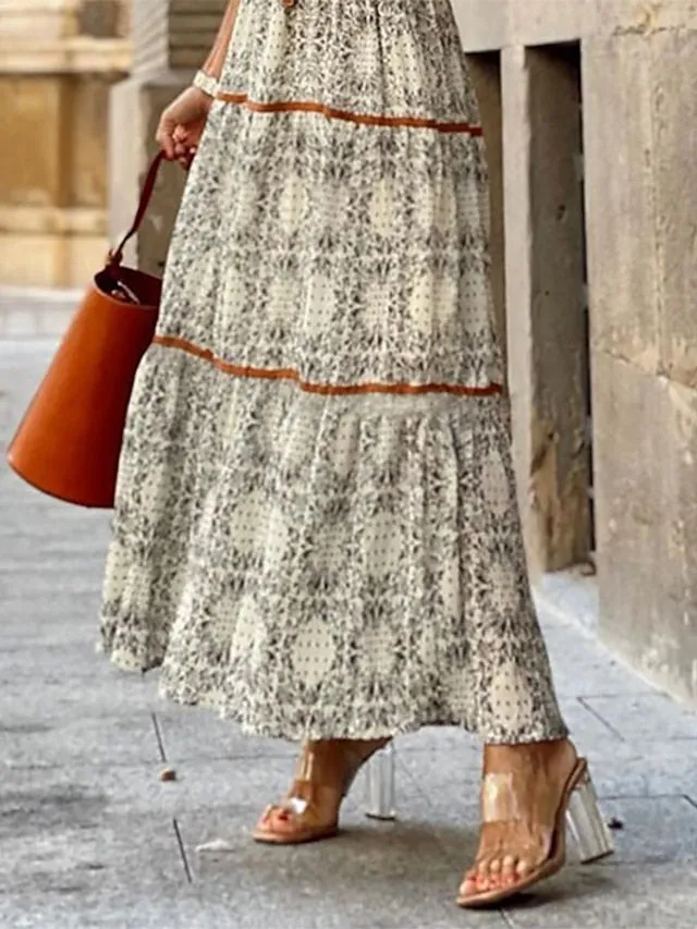 Bohemia Floral V Neck Casual Dress Holiday Dress Swing Dress Long Dress Maxi Dress Khaki Half Sleeve Abstract Ruched Sunmmer Fall Spring Classic Daily Weekend  S M L XL XXL 3XL for Women