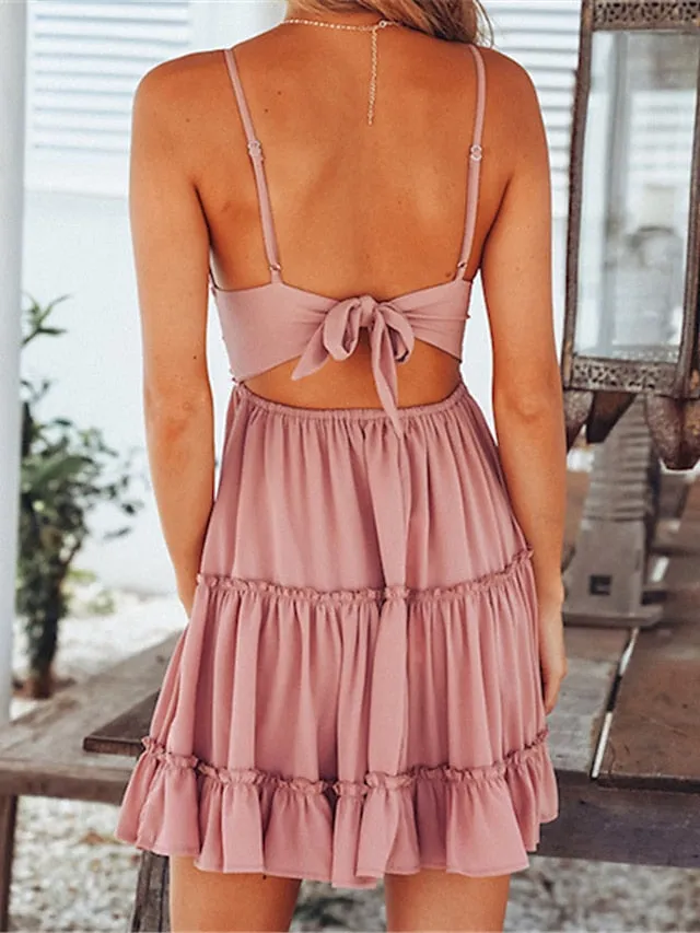 Casual Dress Bridal Shower Dress Strap Dress Mini Dress Black White Yellow Sleeveless Pure Color Ruched Summer Spring Fall Deep V Vacation Birthday Vacation Summer Dress Slim  S M L XL for Women