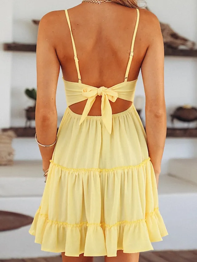 Casual Dress Bridal Shower Dress Strap Dress Mini Dress Black White Yellow Sleeveless Pure Color Ruched Summer Spring Fall Deep V Vacation Birthday Vacation Summer Dress Slim  S M L XL for Women
