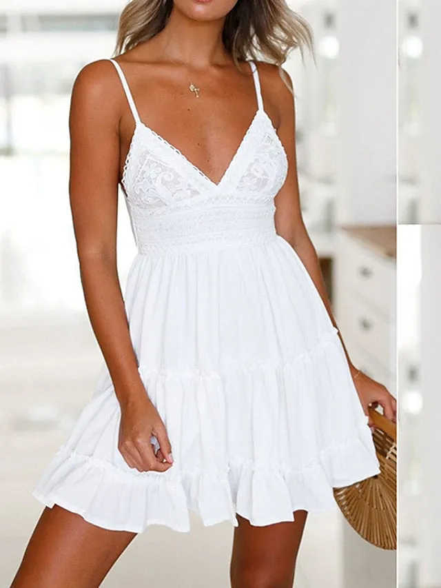 Casual Dress Bridal Shower Dress Strap Dress Mini Dress Black White Yellow Sleeveless Pure Color Ruched Summer Spring Fall Deep V Vacation Birthday Vacation Summer Dress Slim  S M L XL for Women
