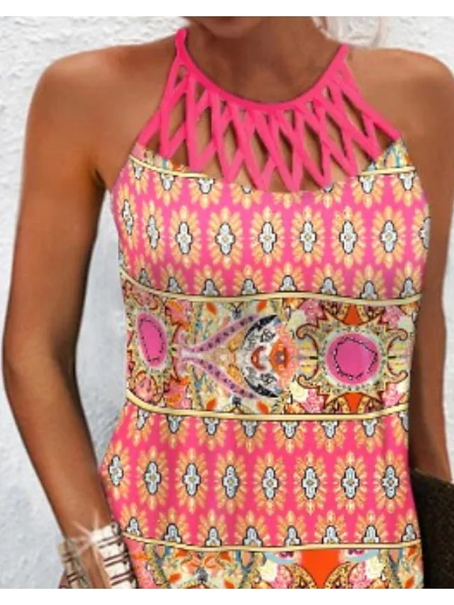 Casual Dress Ethnic Dress Halter Neck Dress Mini Dress Pink Sleeveless Geometric Cut Out Summer Spring Halter Fashion Vacation Summer Dress  S M L XL XXL 3XL for Women