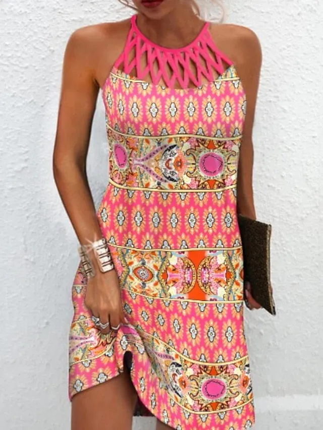 Casual Dress Ethnic Dress Halter Neck Dress Mini Dress Pink Sleeveless Geometric Cut Out Summer Spring Halter Fashion Vacation Summer Dress  S M L XL XXL 3XL for Women