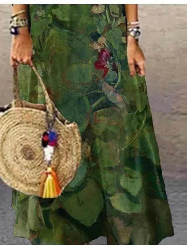 Casual Dress Ethnic Dress Long Dress Maxi Dress Green 3/4 Length Sleeve Floral Print Summer Spring Fall V Neck Classic Vacation  S M L XL XXL 3XL 4XL for Women