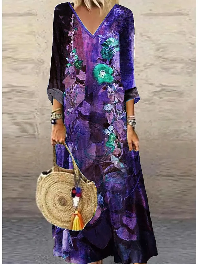 Casual Dress Ethnic Dress Long Dress Maxi Dress Green 3/4 Length Sleeve Floral Print Summer Spring Fall V Neck Classic Vacation  S M L XL XXL 3XL 4XL for Women
