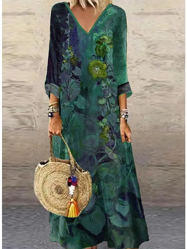 Casual Dress Ethnic Dress Long Dress Maxi Dress Green 3/4 Length Sleeve Floral Print Summer Spring Fall V Neck Classic Vacation  S M L XL XXL 3XL 4XL for Women