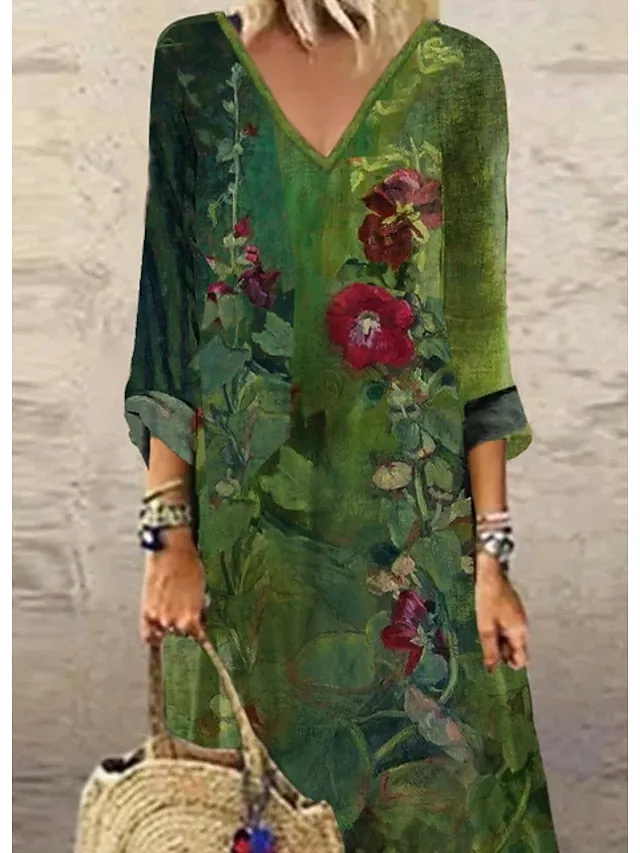 Casual Dress Ethnic Dress Long Dress Maxi Dress Green 3/4 Length Sleeve Floral Print Summer Spring Fall V Neck Classic Vacation  S M L XL XXL 3XL 4XL for Women